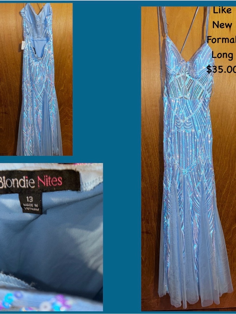 Blondie Nites Light Blue Sequin Evening Gown. All info is provided. No returns